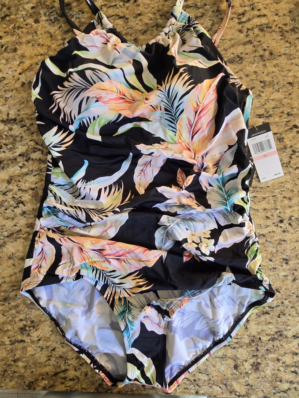 NWT Jantzen Black One-Piece Swimsuit with Multicolor Tropical Leaf Print